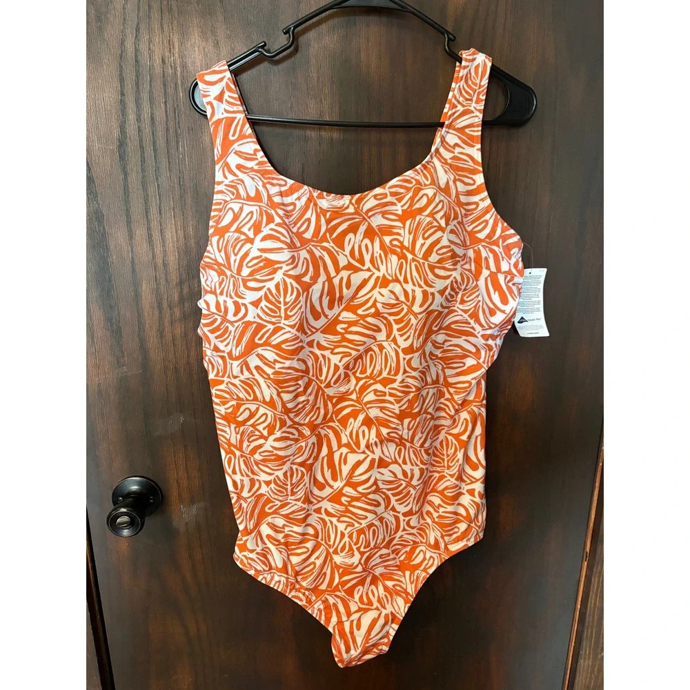 Lands End Womens Orange White Tropical Leaf One Piece Swimsuit 22W NEW